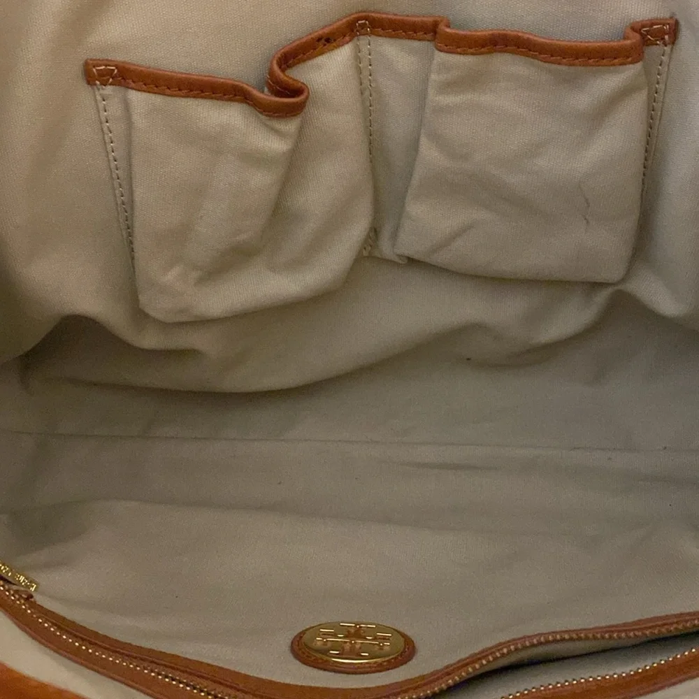 Tory Burch Brown Patent Satchel with Tan Trim